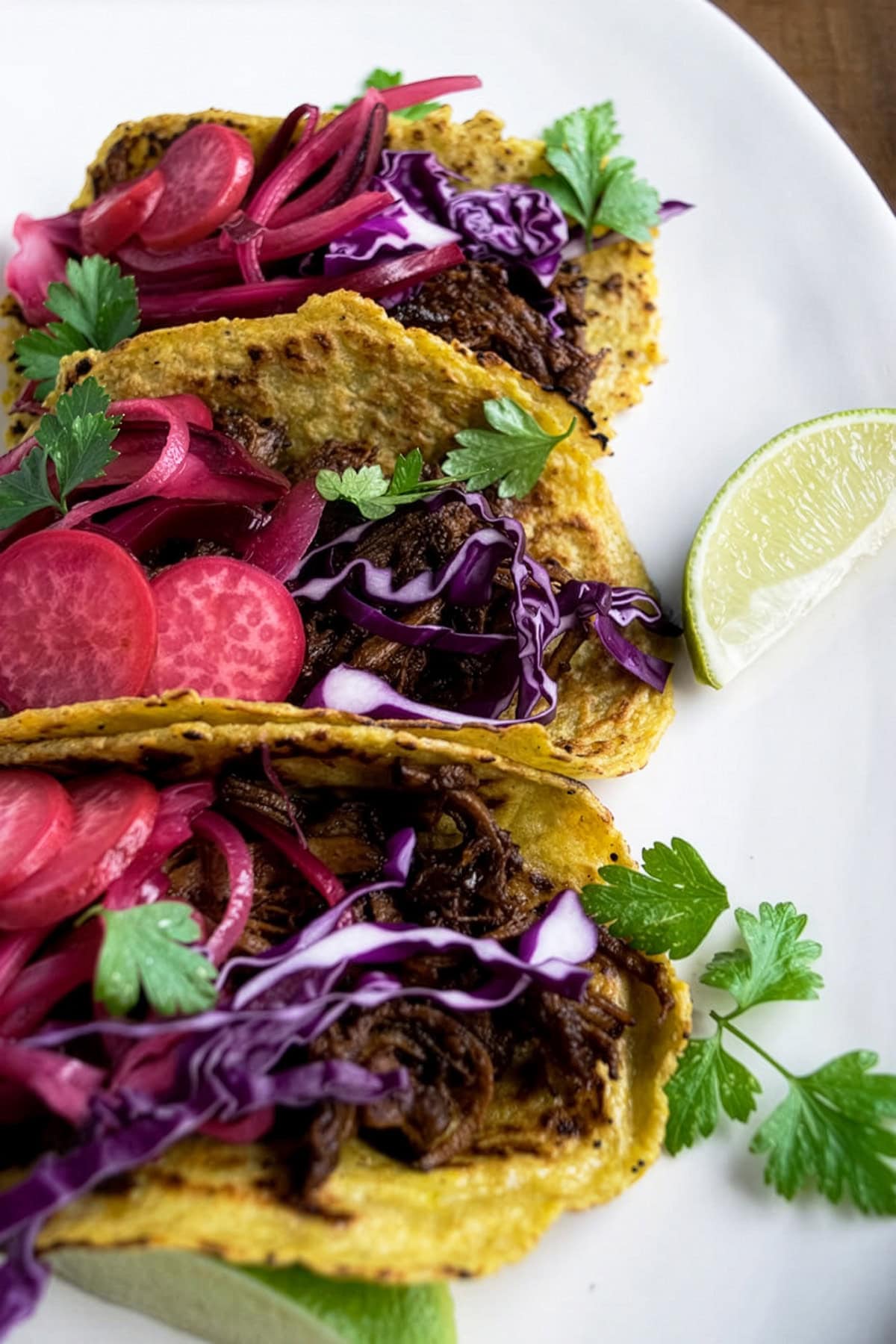 Brisket tacos topped with red cabbage and pickled radishes and onions.