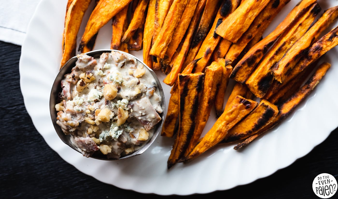 Sweet Potato Fries with Bacon Walnut Blue Cheese Dip Recipe | DoYouEvenPaleo.net