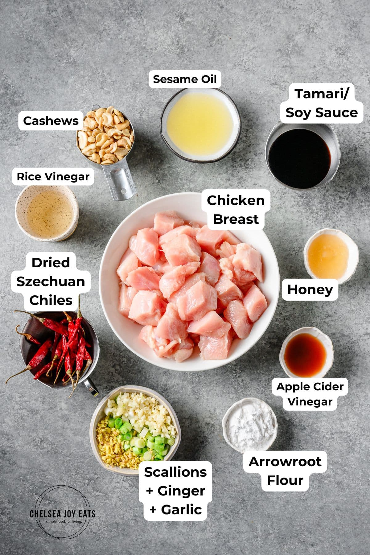 Ingredients for gluten free kung pao chicken with text labels for each ingredient.