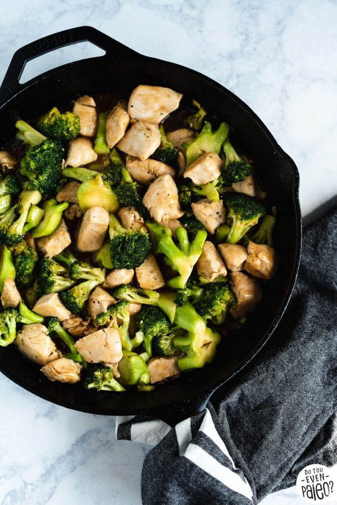 Quick & Easy Paleo Chicken & Broccoli Stir Fry Recipe in a large skillet by DoYouEvenPaleo.net