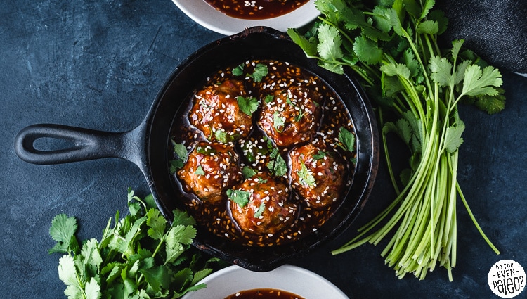 Paleo Baked Sesame Chicken Meatballs with Honey Sesame Sauce