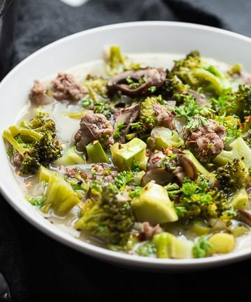Bowl of Whole30 soup on a dark background