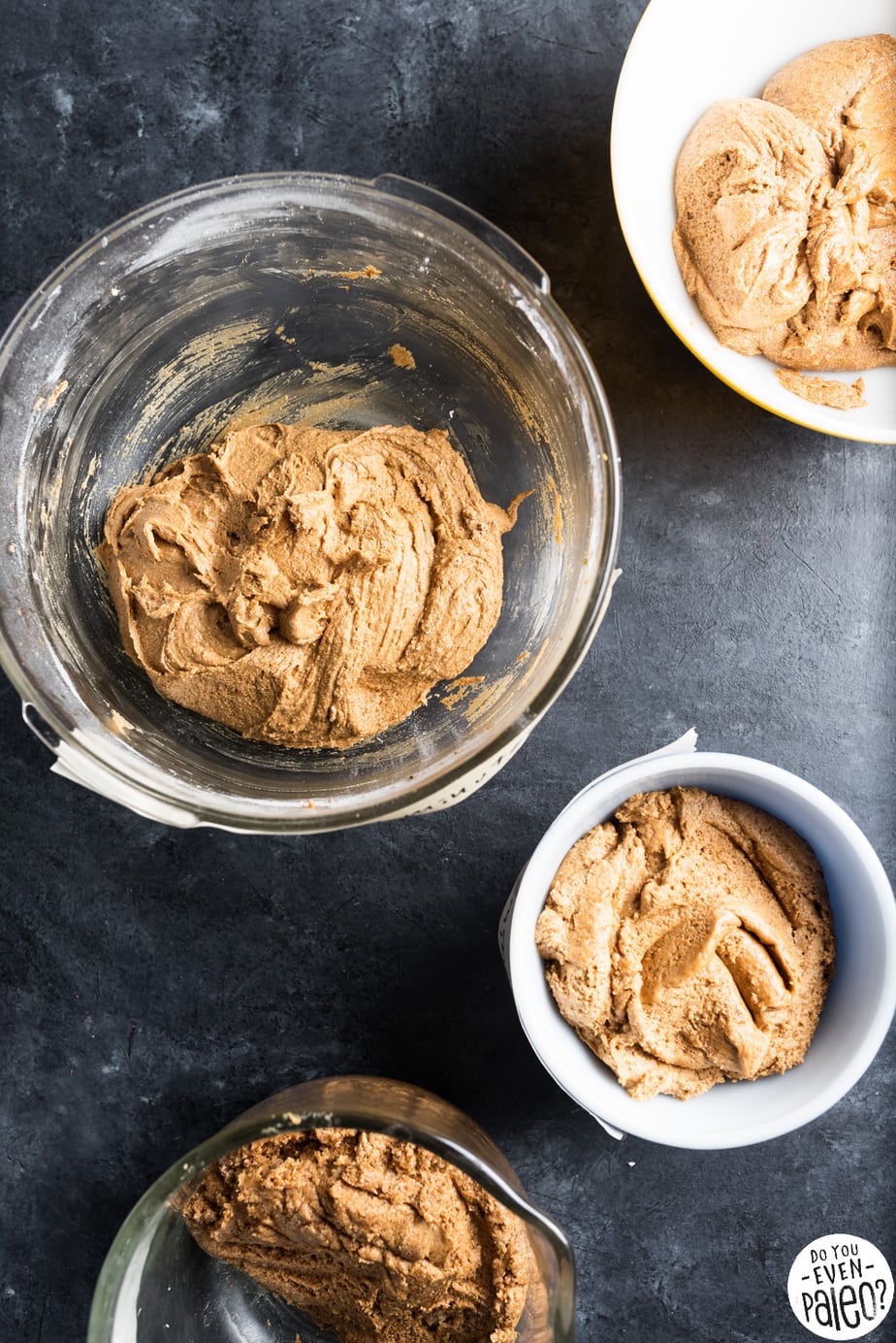 Various bowls with cookie batter