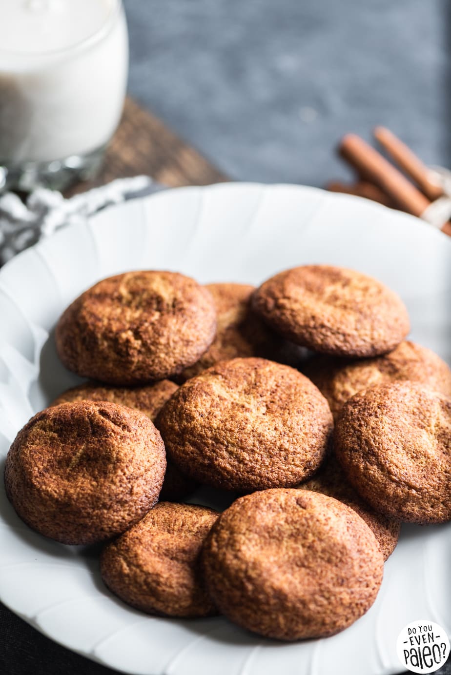 Closeup of a plate of snickerdoodle cookies