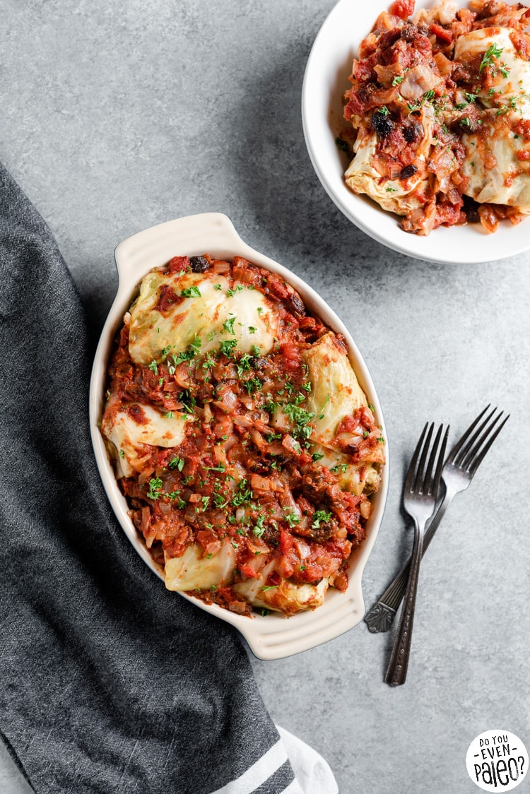 Whole30 cabbage rolls in an oval casserole dish