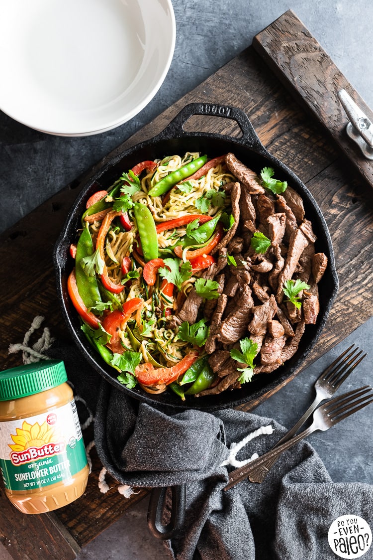 Skillet with Thai Beef Stir Fry with zucchini noodles and SunButter sauce