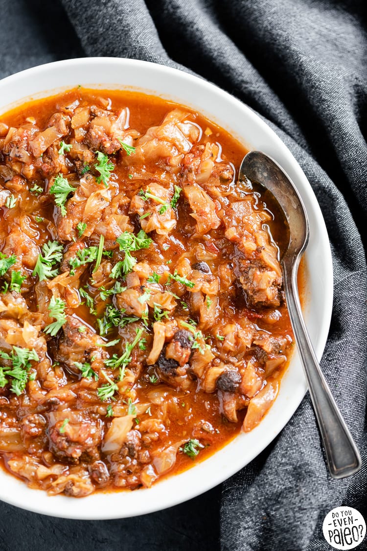 Closeup of a bowl of crockpot cabbage roll soup