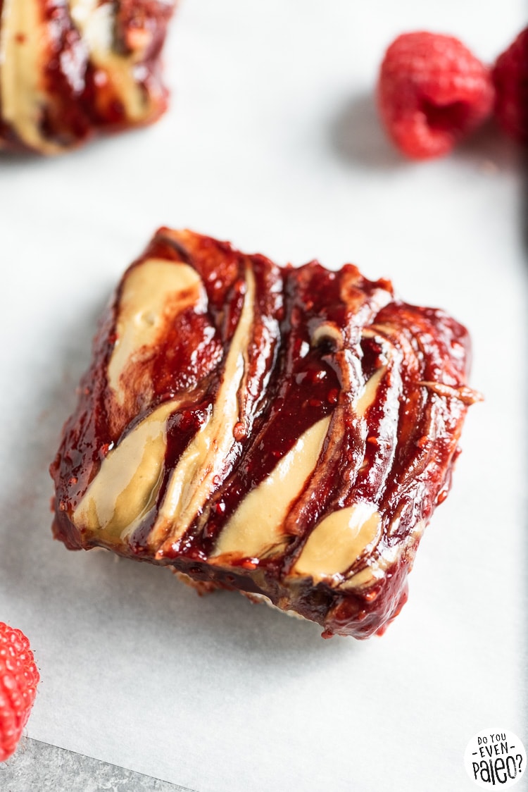 Closeup of a sunflower seed butter and jelly bar