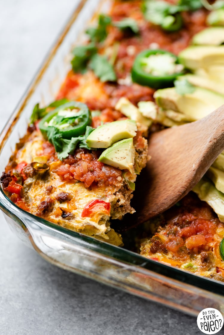Whole30 chorizo breakfast casserole being served