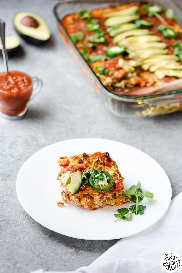 A serving of chorizo breakfast casserole on a white plate