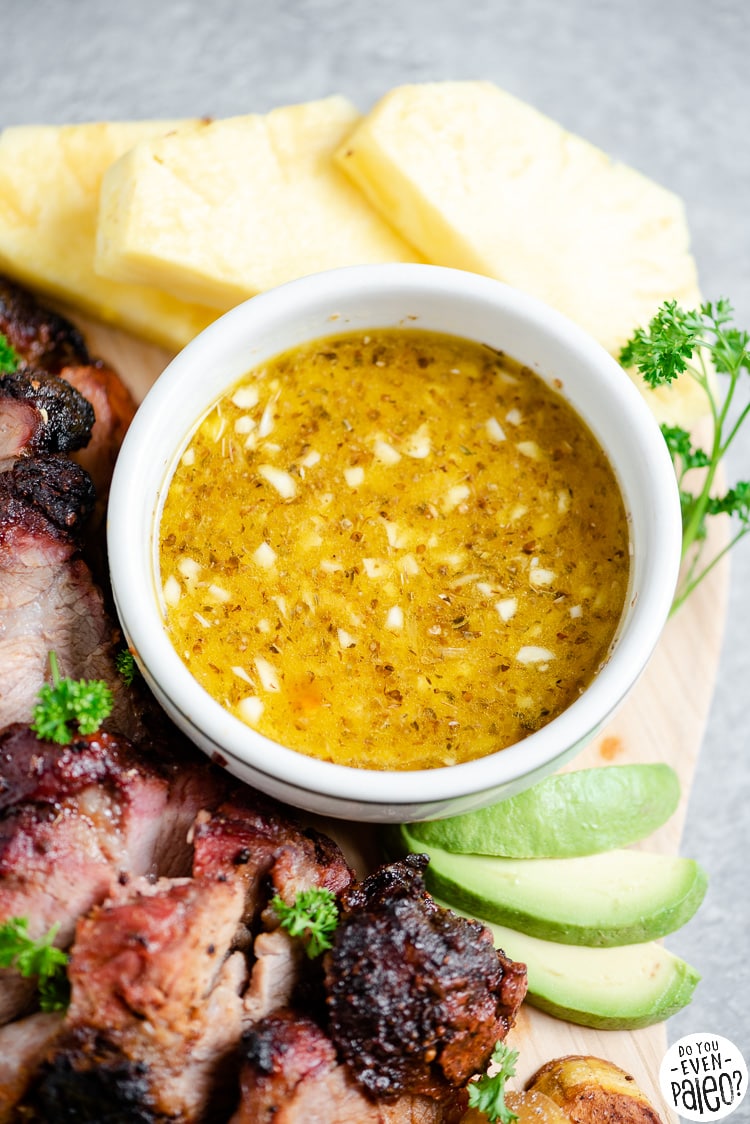 Closeup of a dish of mojo sauce