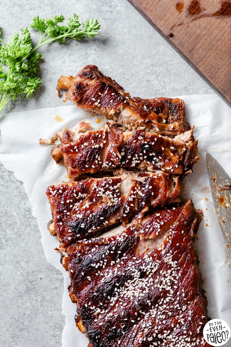 Paleo pork ribs sliced into individual ribs