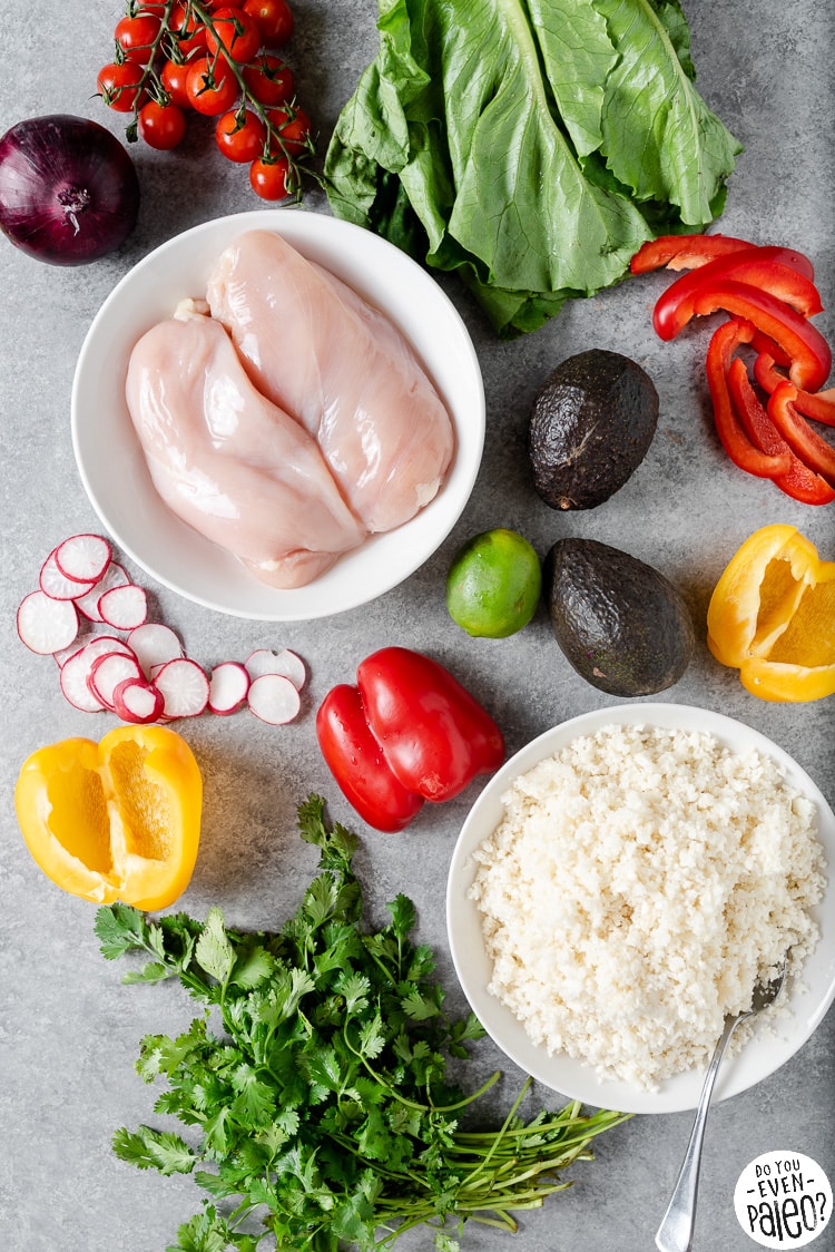 Ingredients for low carb chipotle chicken burrito bowl recipe