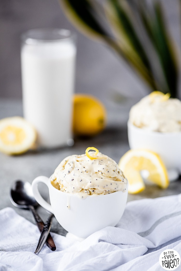 Cup of dairy free lemon poppyseed ice cream