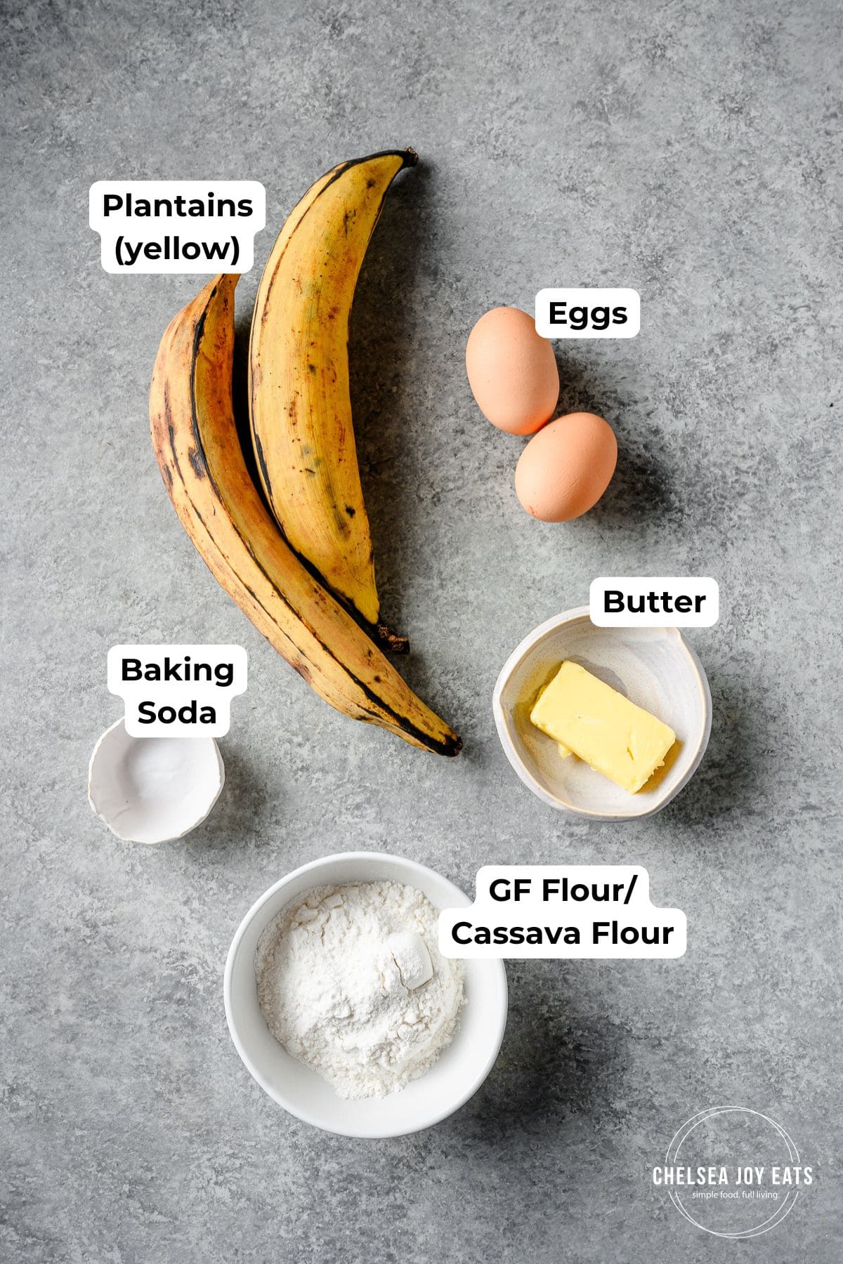 Ingredients for gluten free plantain pancakes, including plantain bananas, eggs, gluten free flour, and butter with text labels for each.