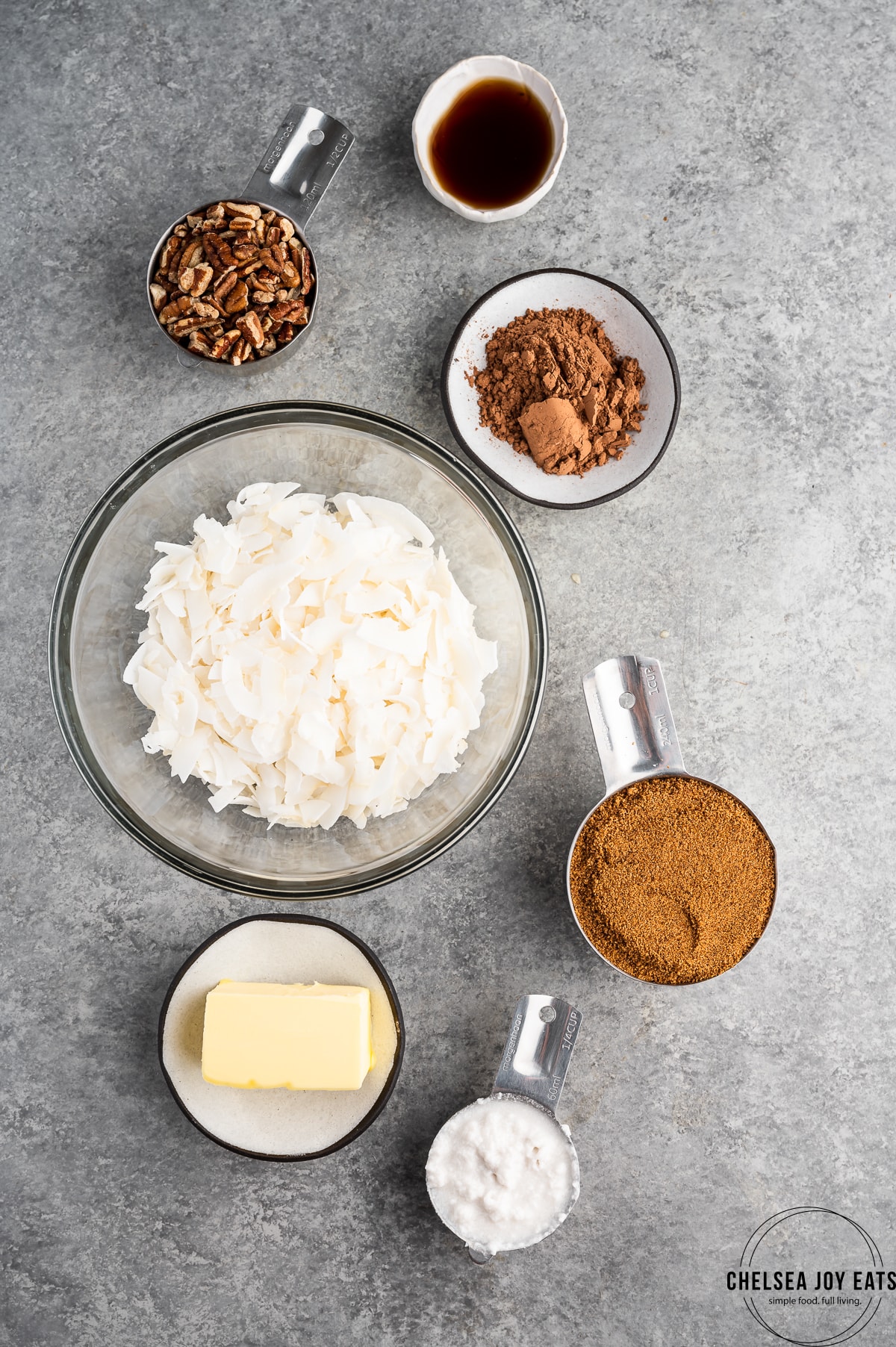 Ingredients for coconut no bake cookies in bowls and measuring cups
