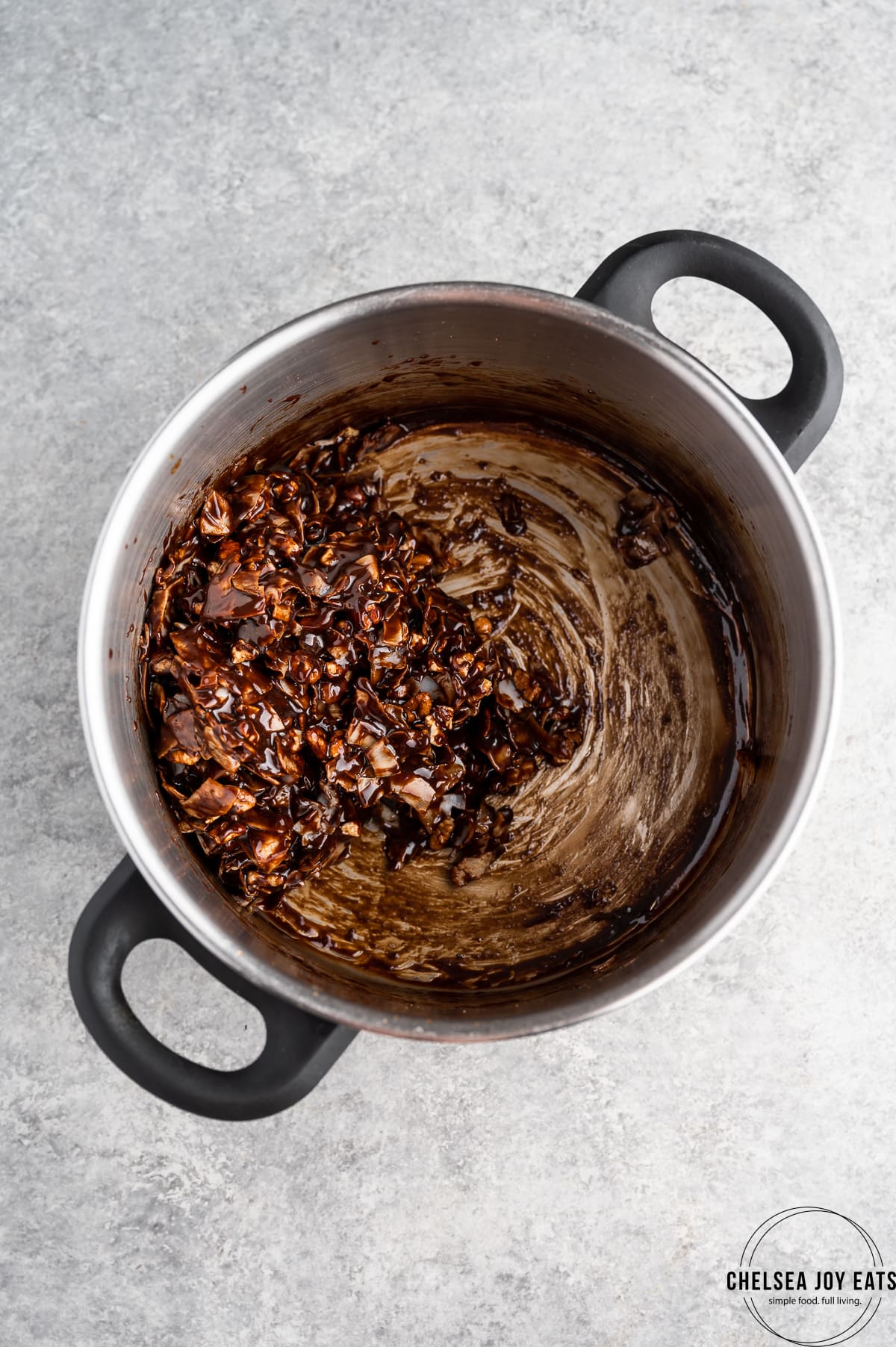 No bake cookies being stirred in a pot
