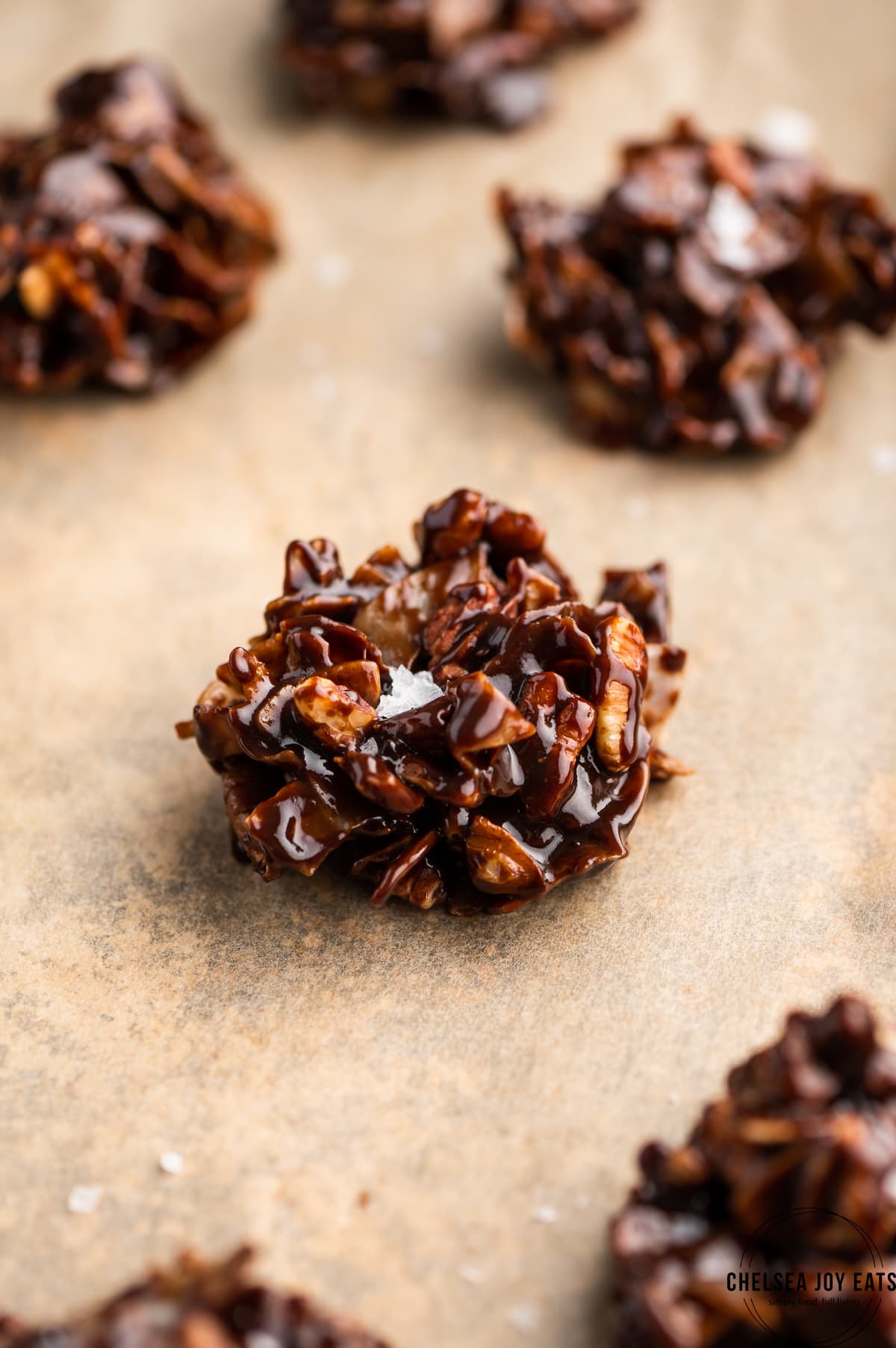 Closeup of coconut no bake cookies without oatmeal on a baking sheet