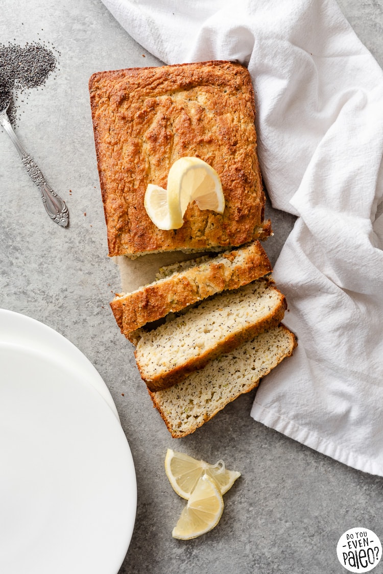 Loaf of gluten free lemon poppyseed zucchini bread with almond flour