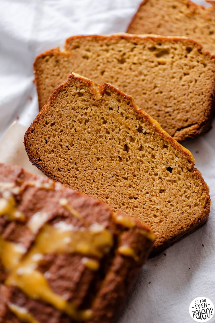 Closeup slices of honey pumpkin bread made with almond flour