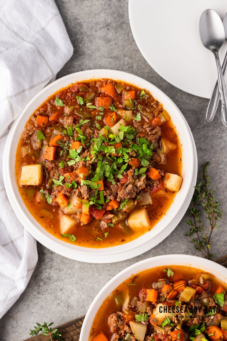 Whole30 hamburger soup in white bowls