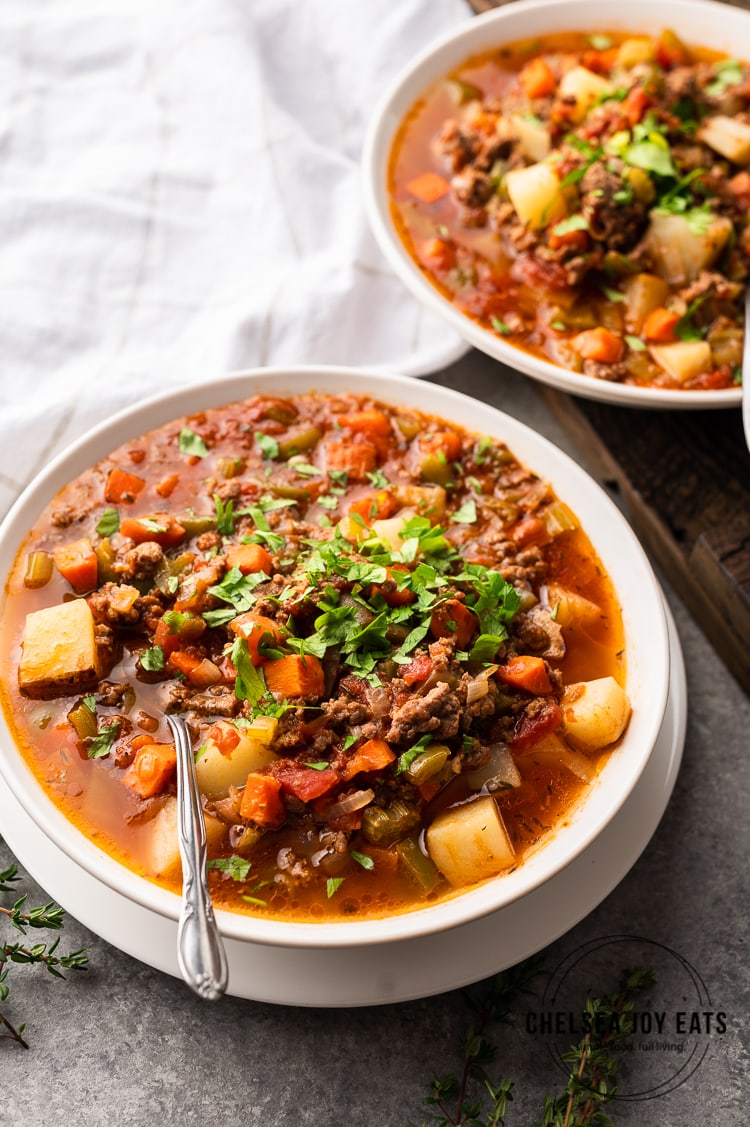 Closeup of easy stovetop hamburger soup recipe