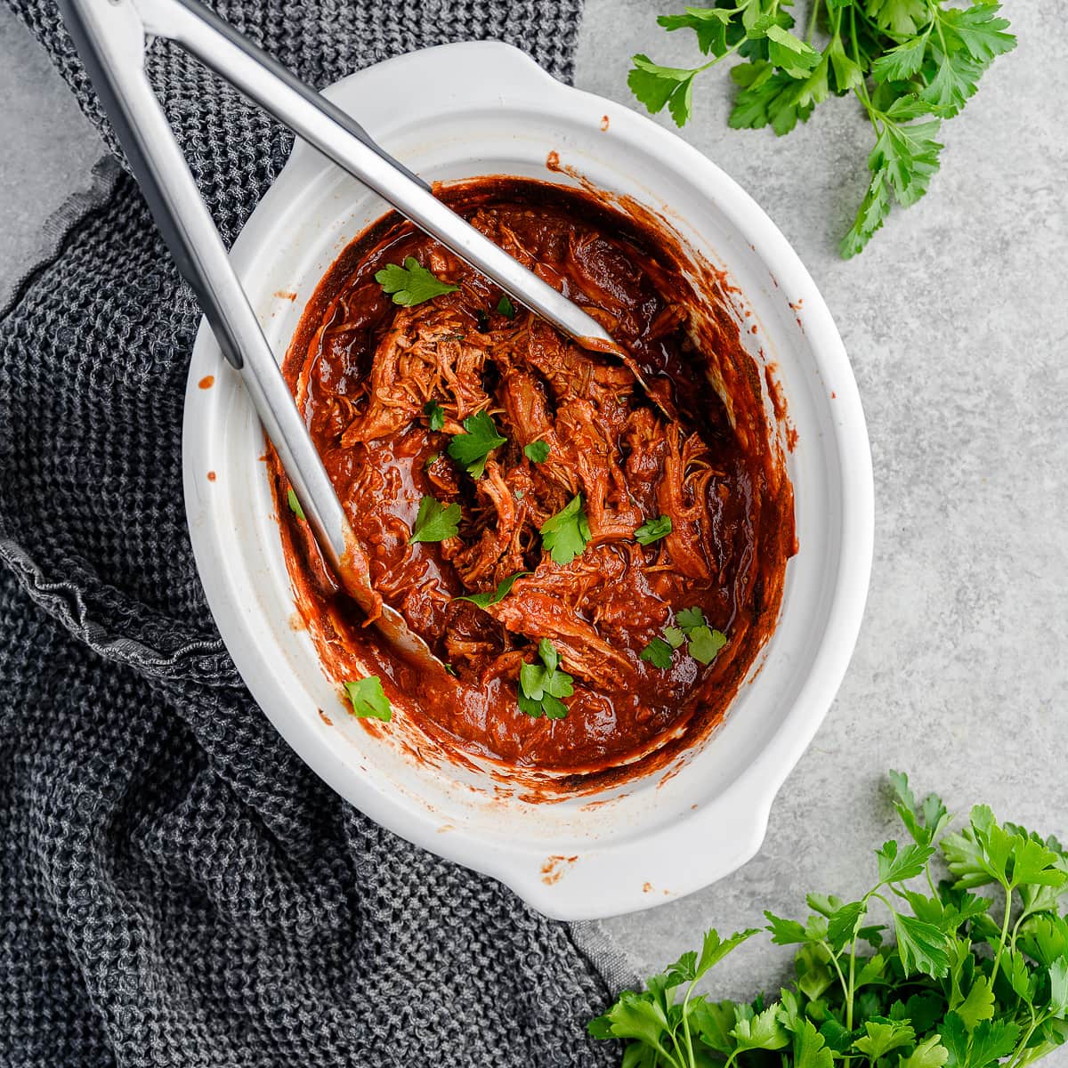 Crockpot with shredded BBQ chicken made from scratch