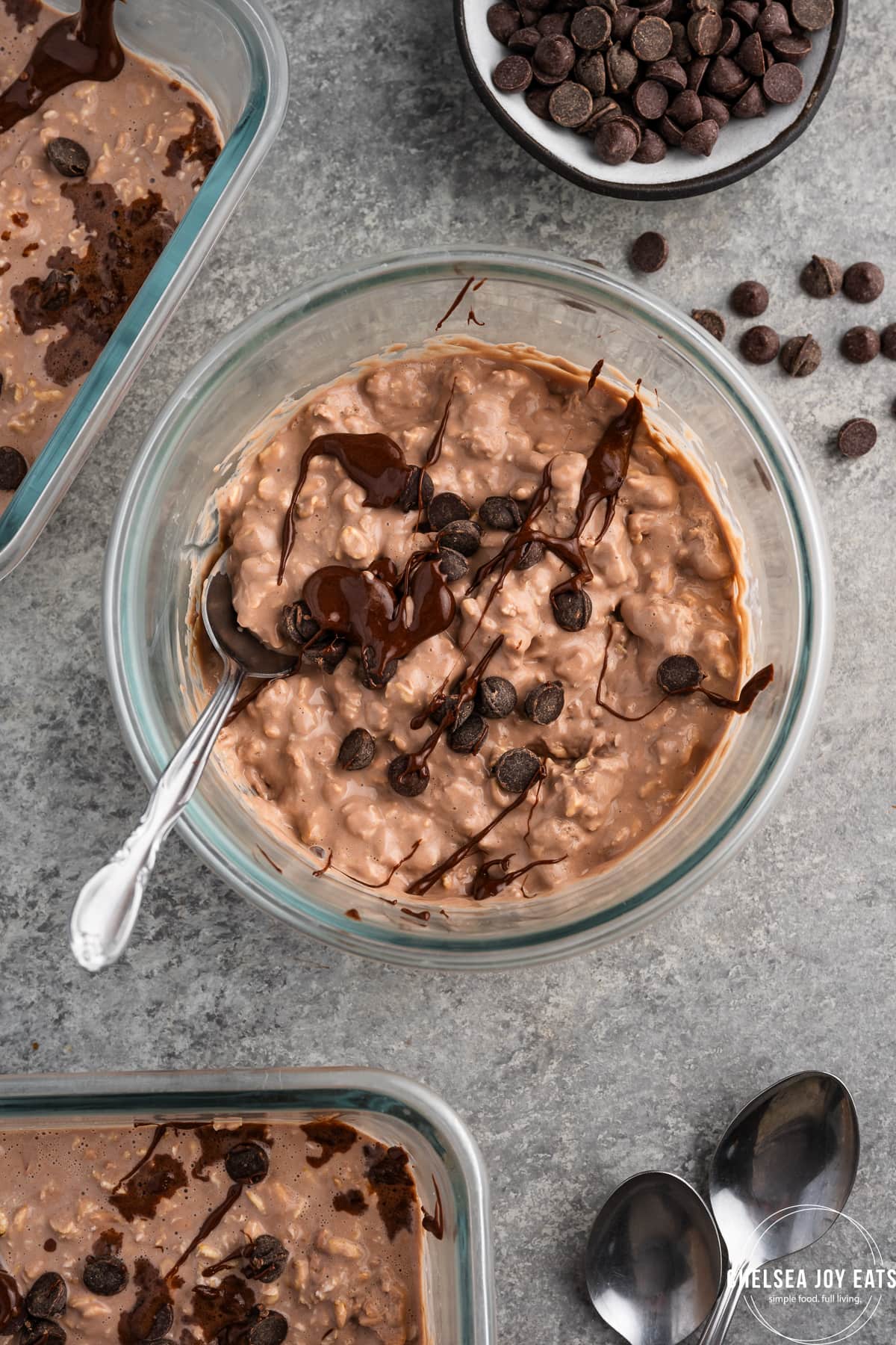 Closeup of a bowl of chocolate cottage cheese protein overnight oatmeal