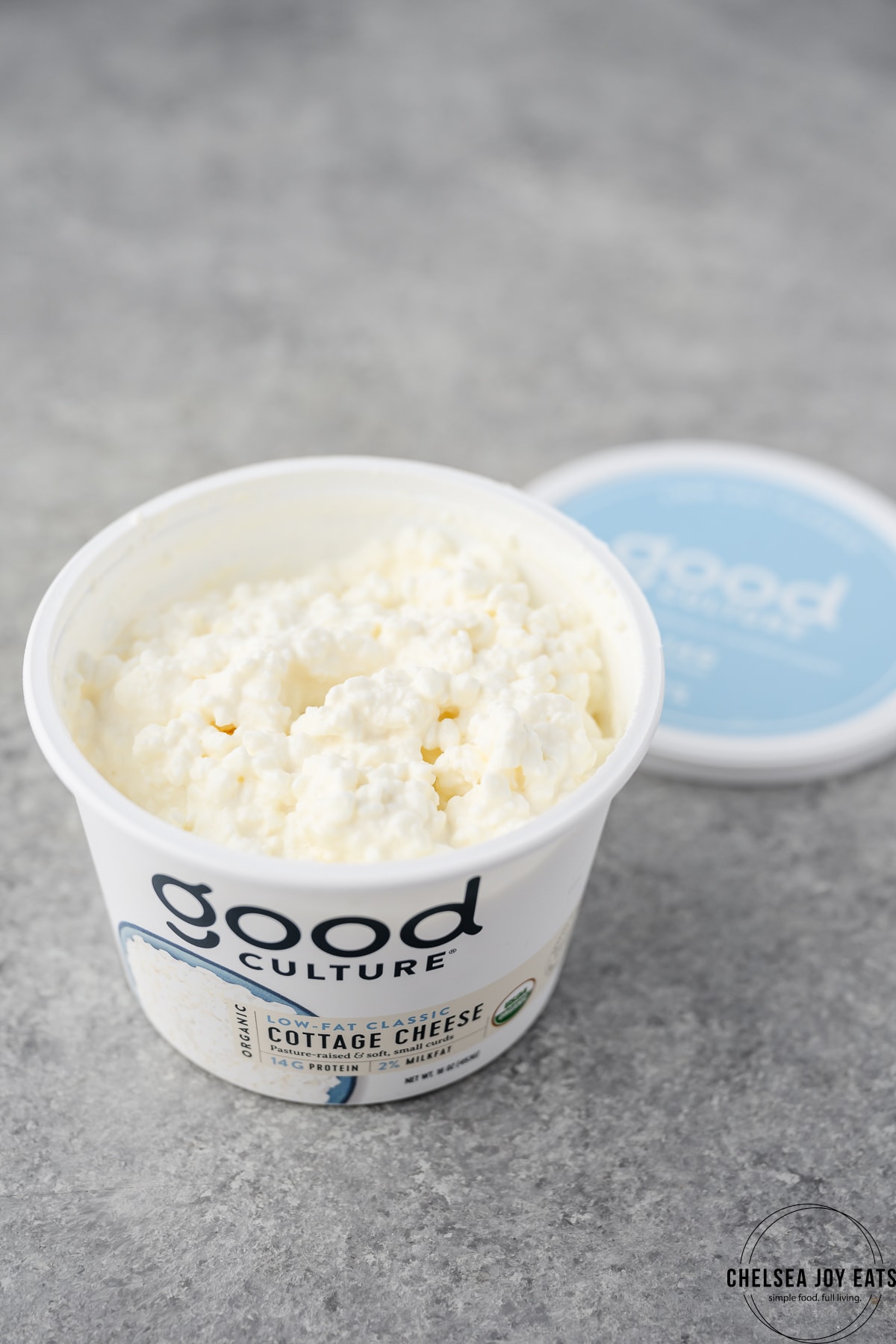 Container of Good Culture cottage cheese with the lid off.