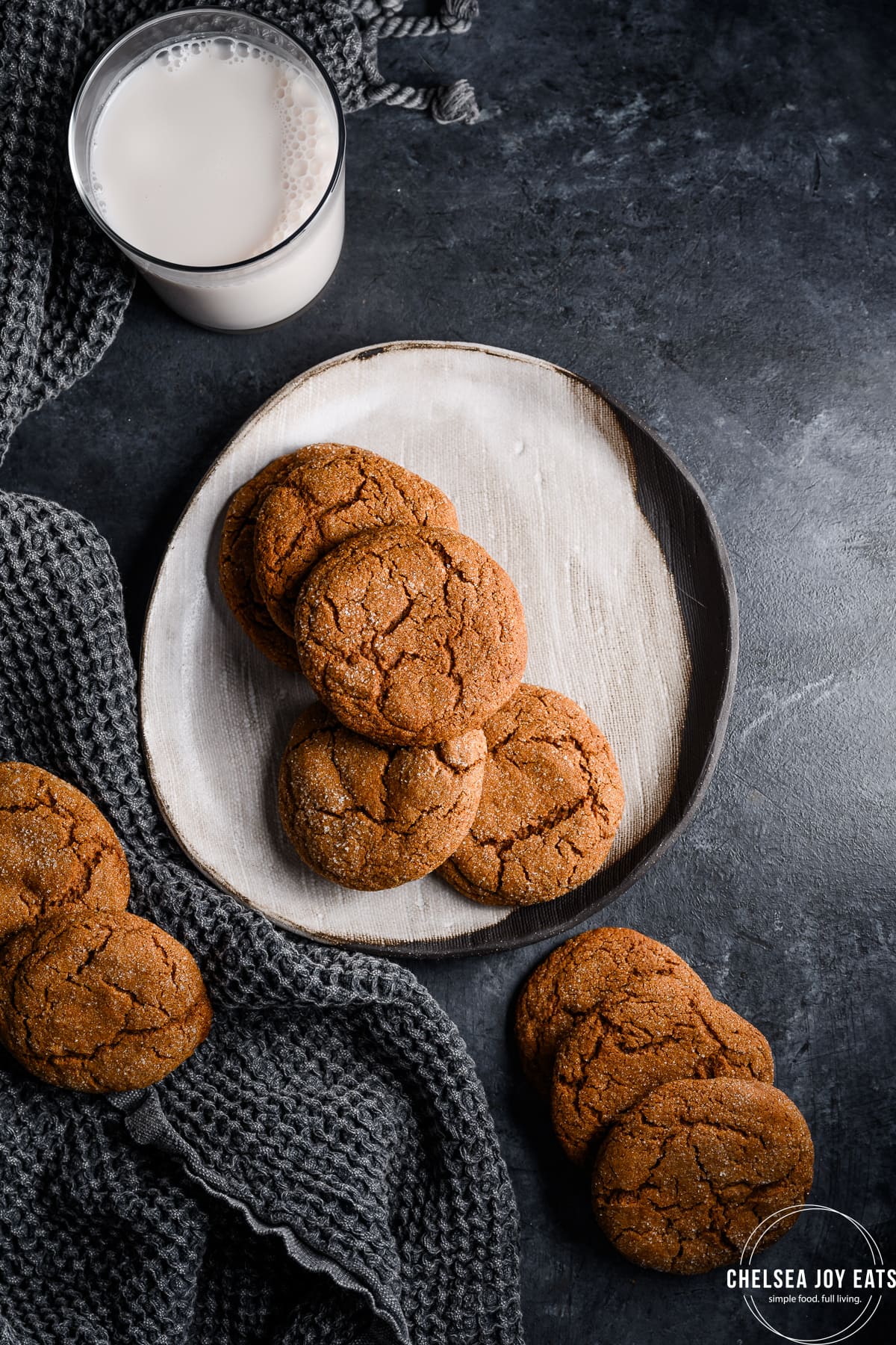 Chewy molasses cookies arranged on a plate