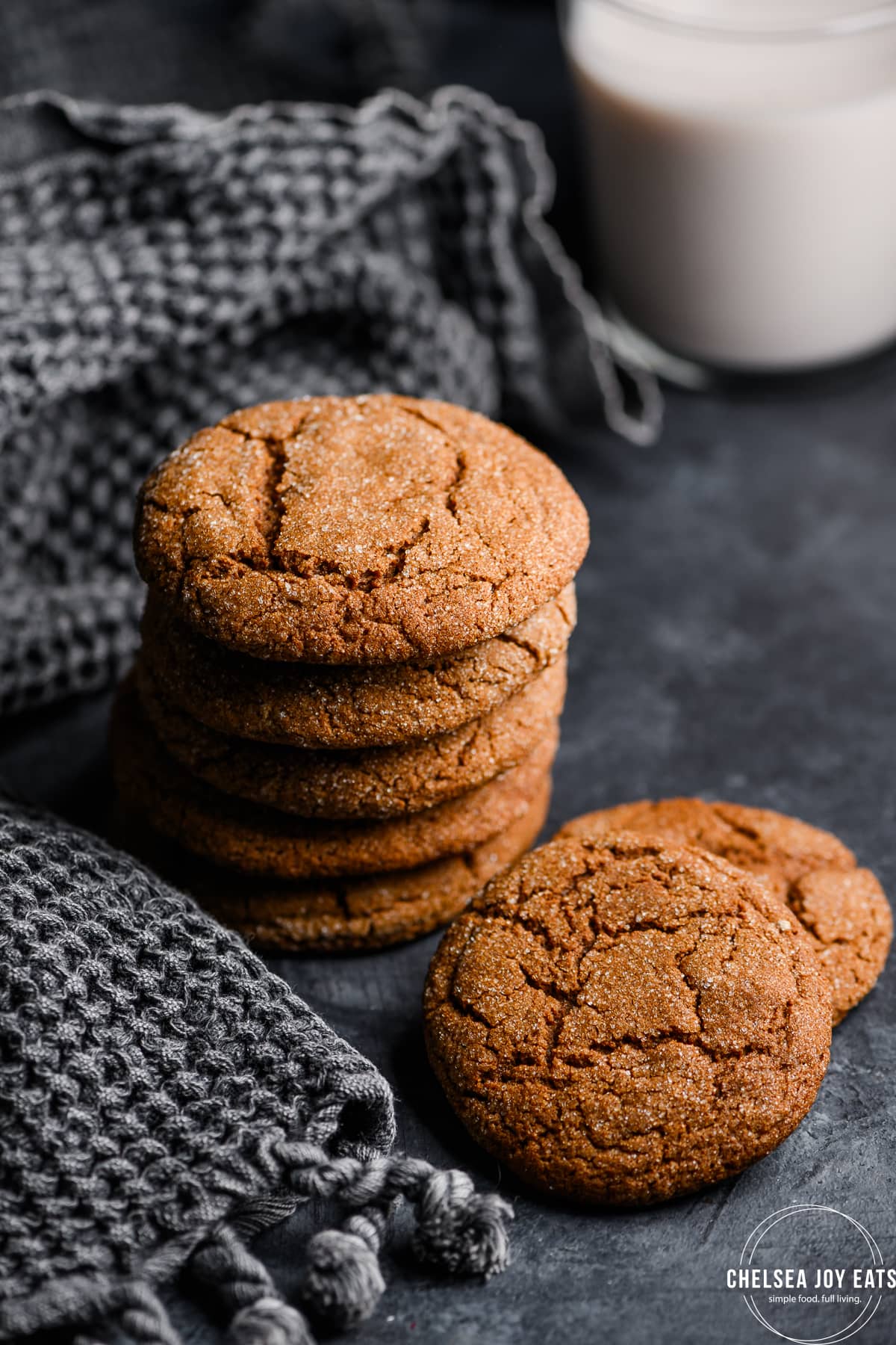 Stack of chewy gluten free molasses cookies