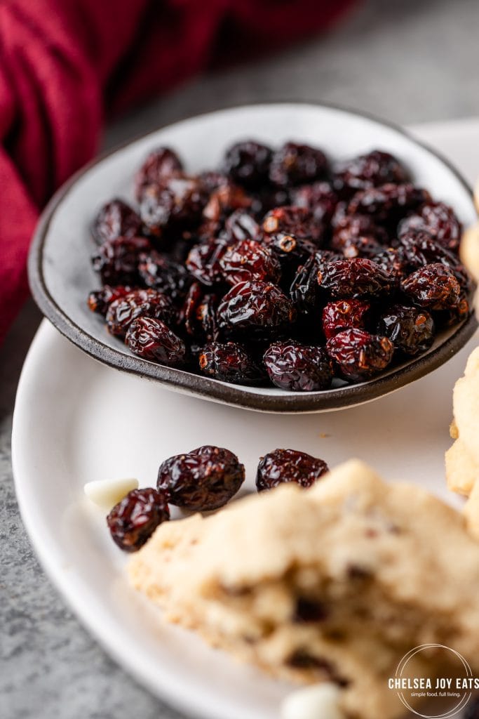 Closeup of a bowl of dried cranberries