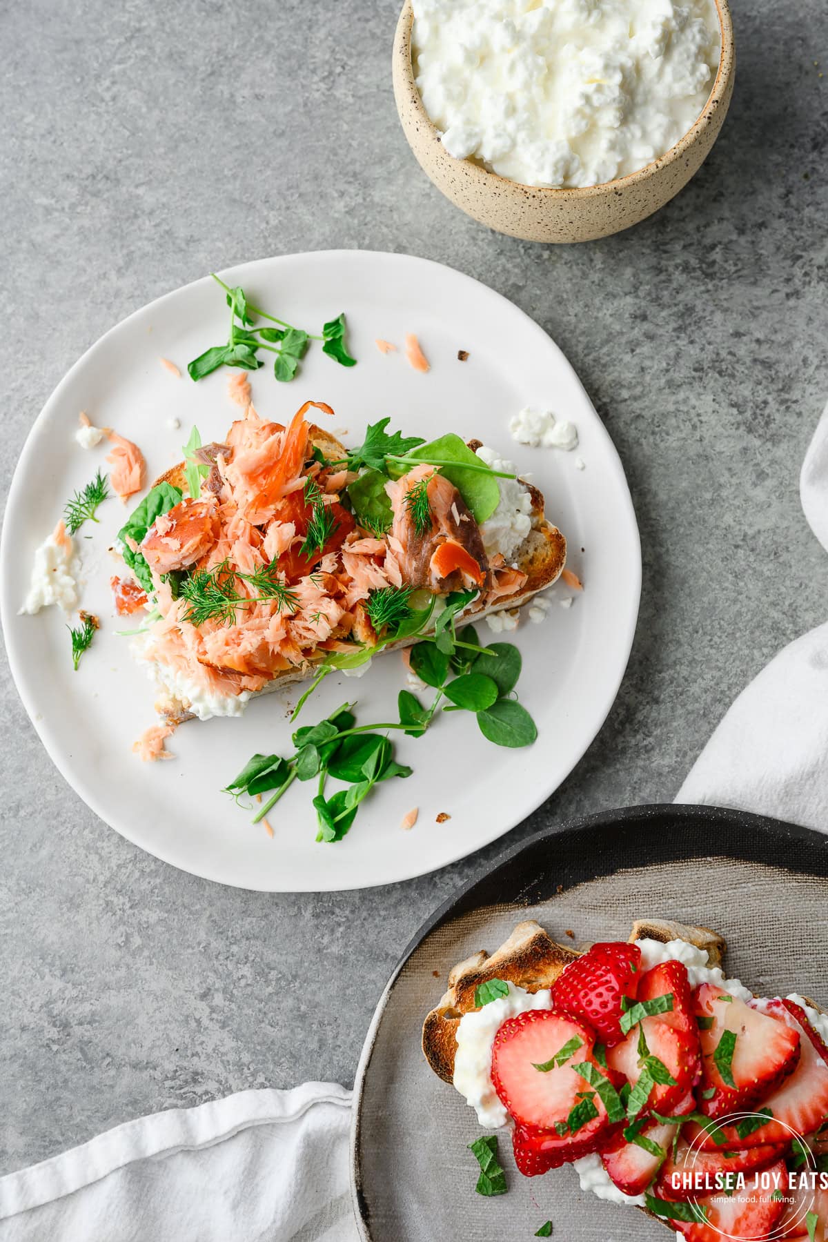 Overhead view of different cottage cheese toast ideas on plates