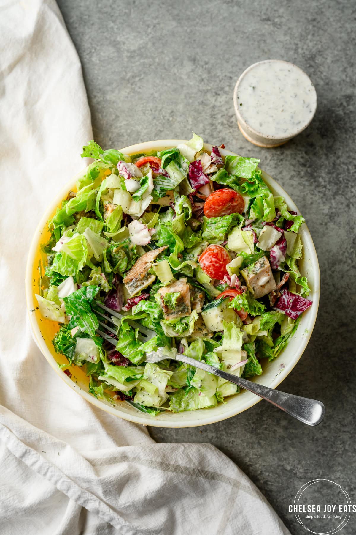 Chicken bacon ranch salad dressed, tossed, and ready to eat
