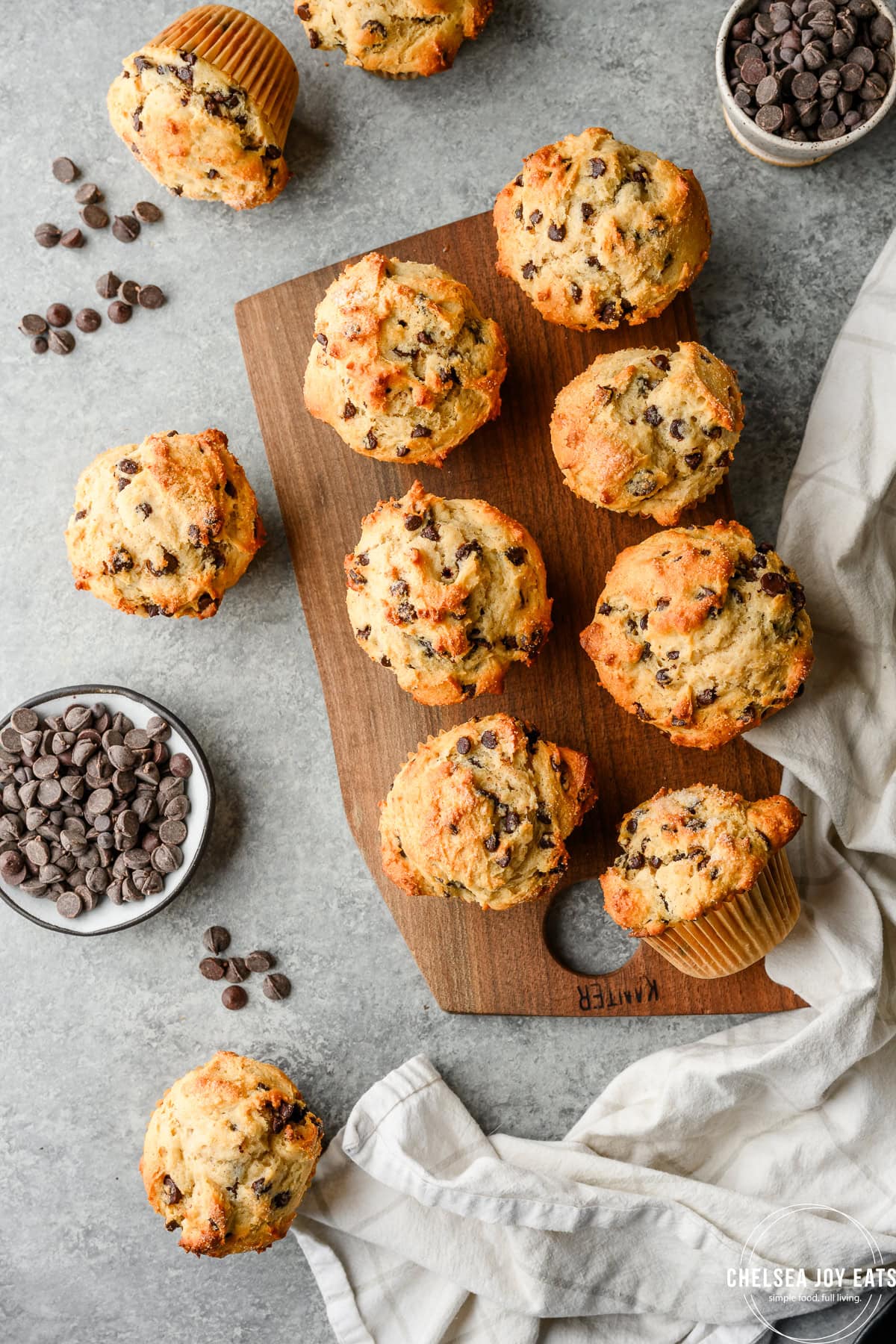 Overhead view of bakery-style gluten free chocolate chip muffins