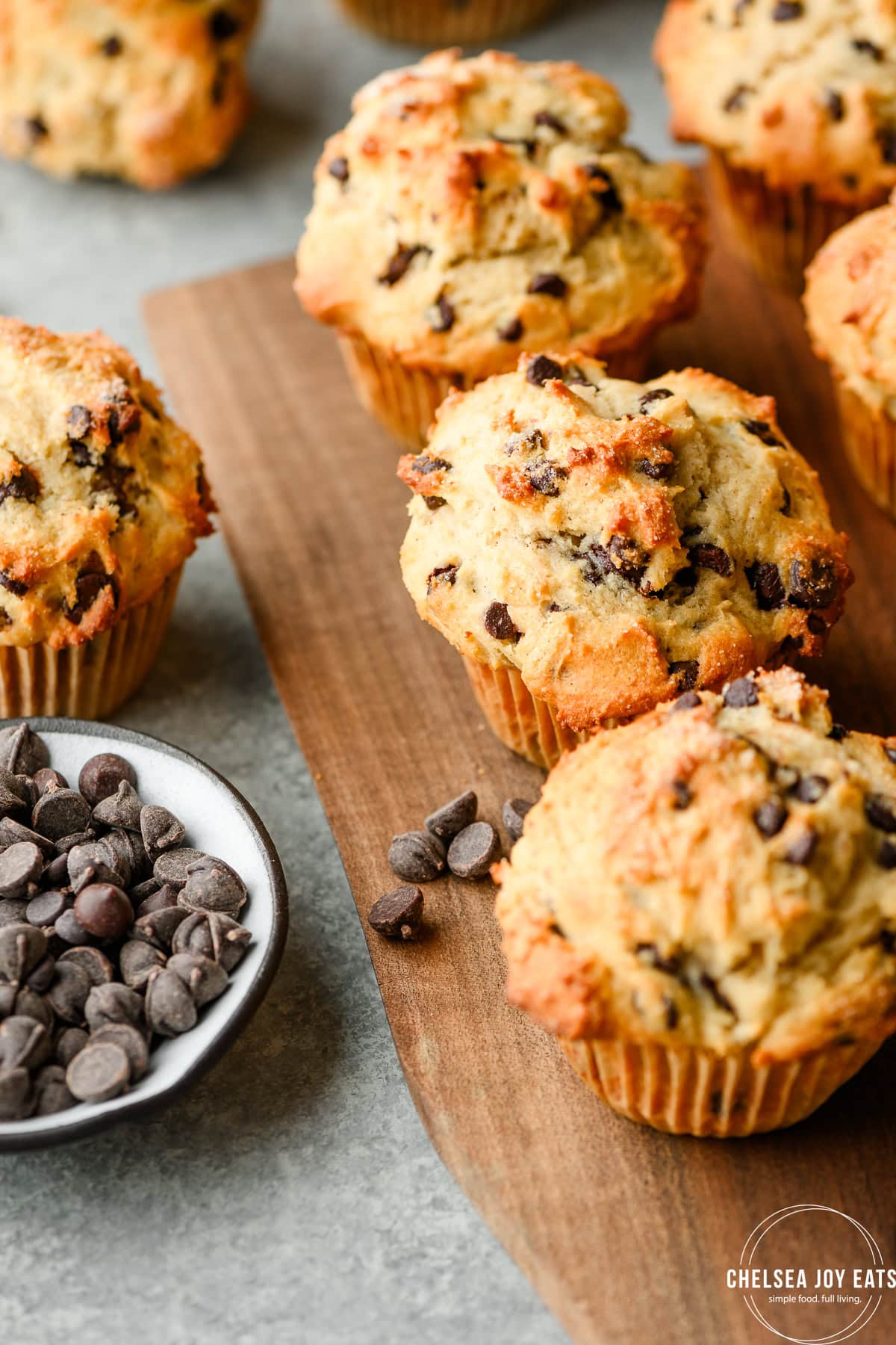 Closeup of gluten free chocolate chip muffins on a tray