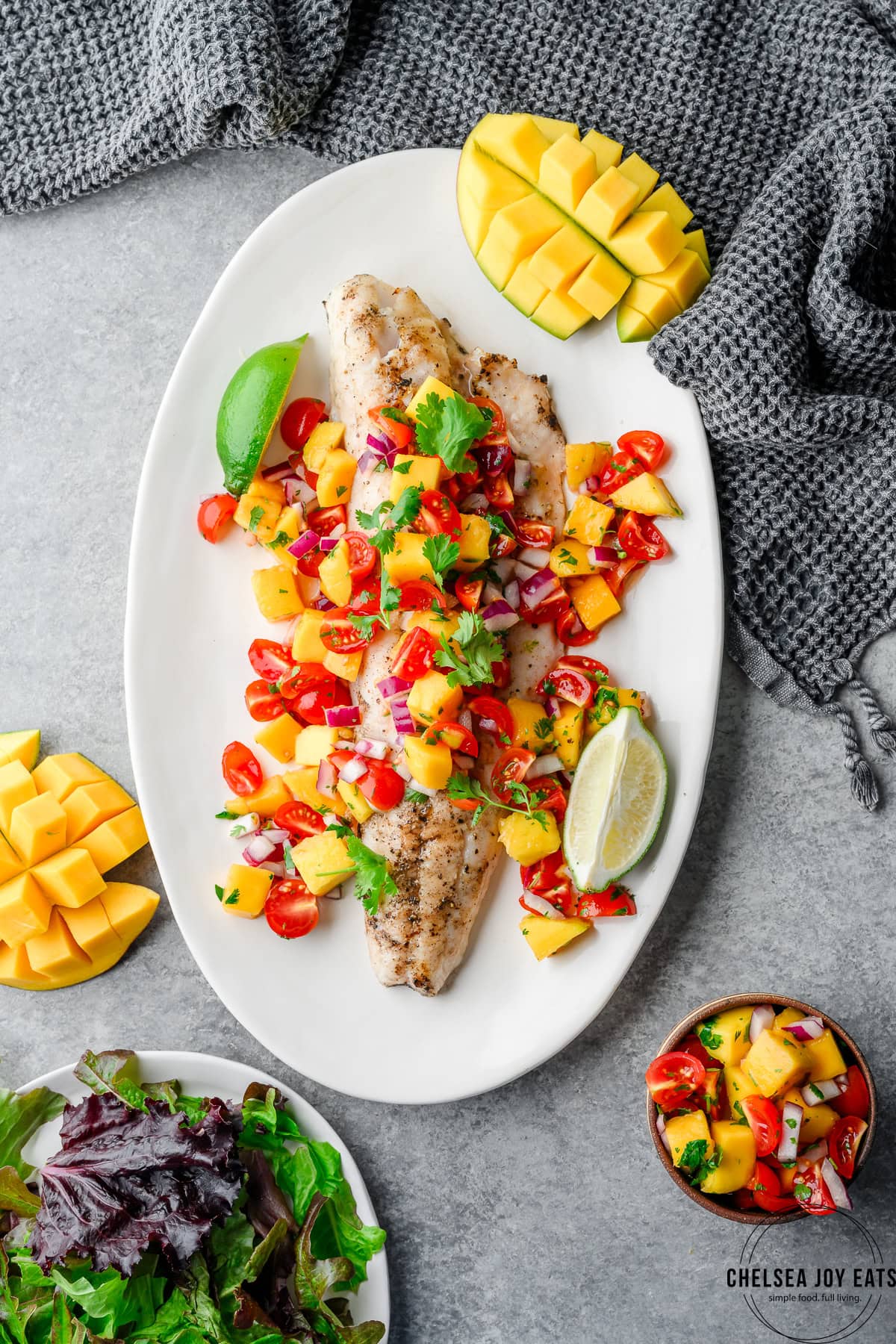 Grilled walleye fillet smothered with fresh mango salsa