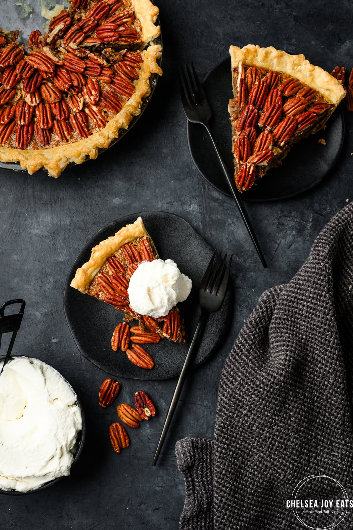 Overhead view of slices of gluten free pecan pie on plates