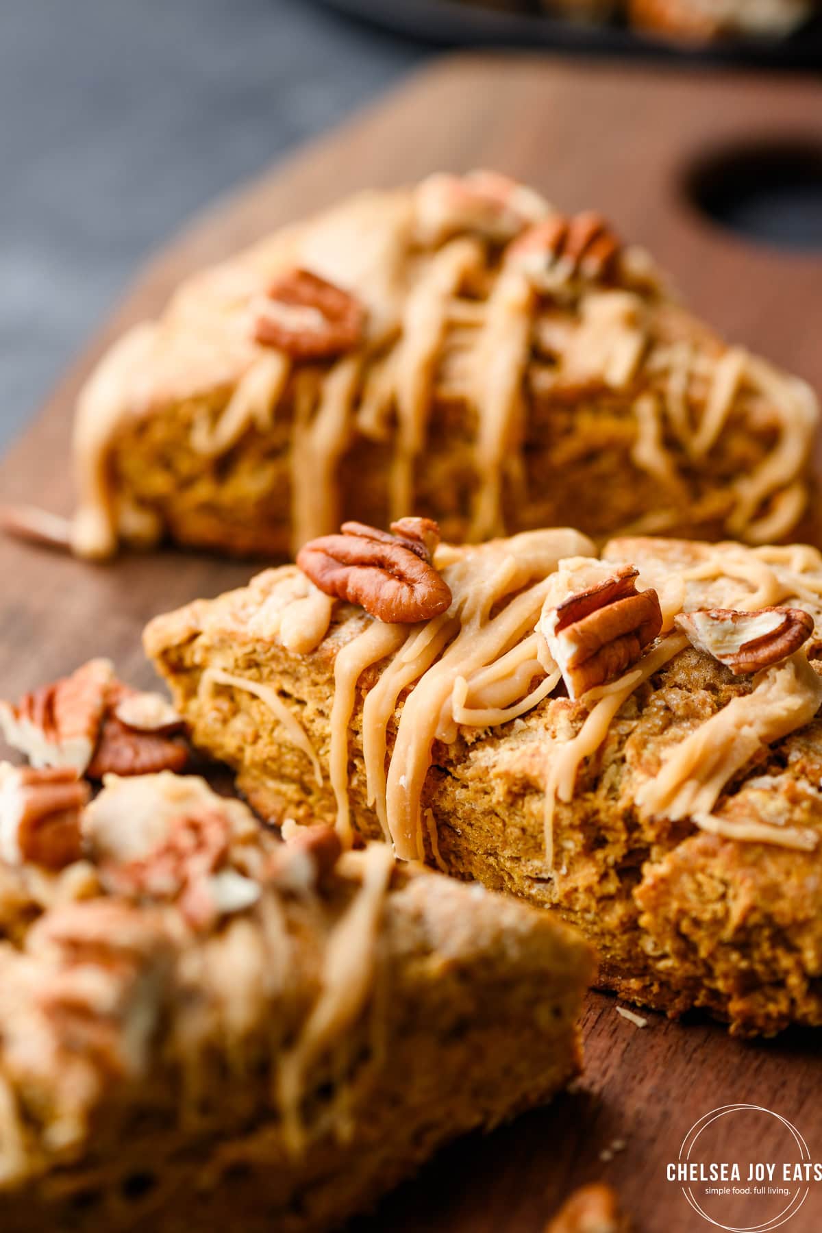 Closeup of gluten free pumpkin scones on a tray