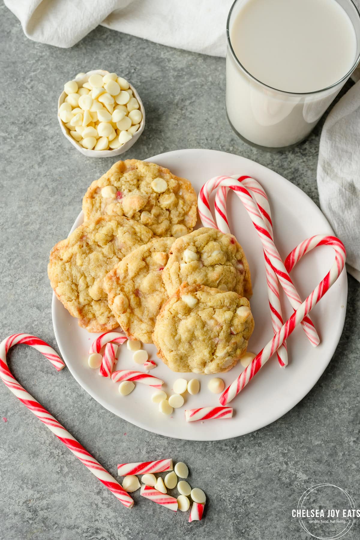 Overhead view of a plate filled with white chocolate peppermint cookies
