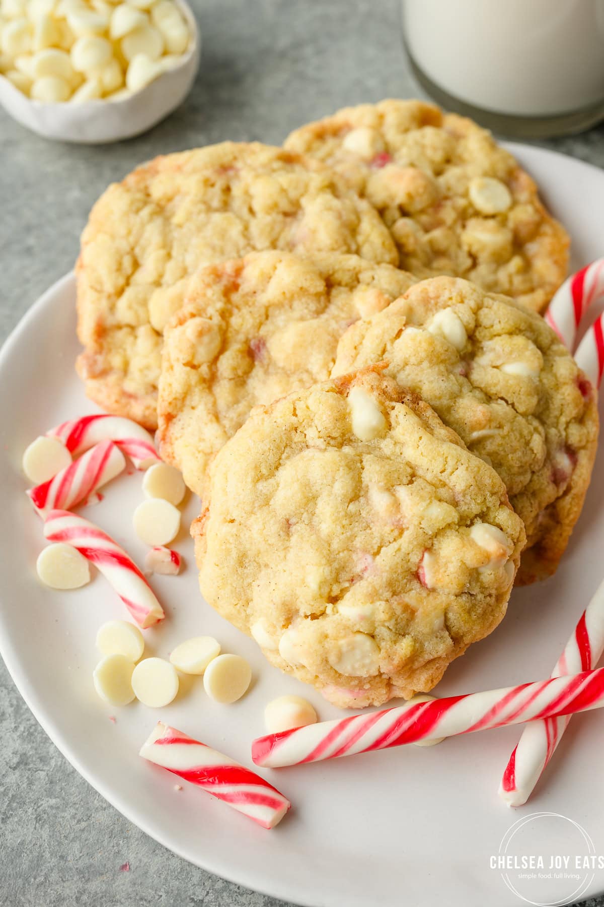 Closeup of white chocolate peppermint cookies on a plate