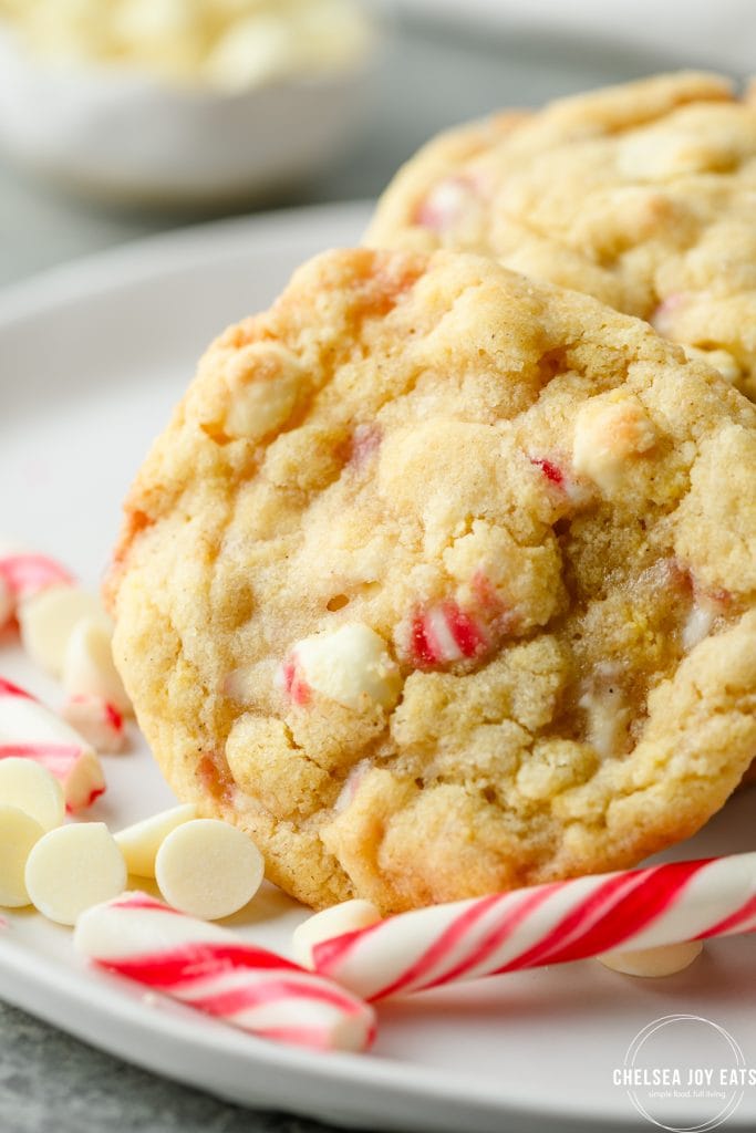 Closeup of a white chocolate peppermint cookie studded with candy canes