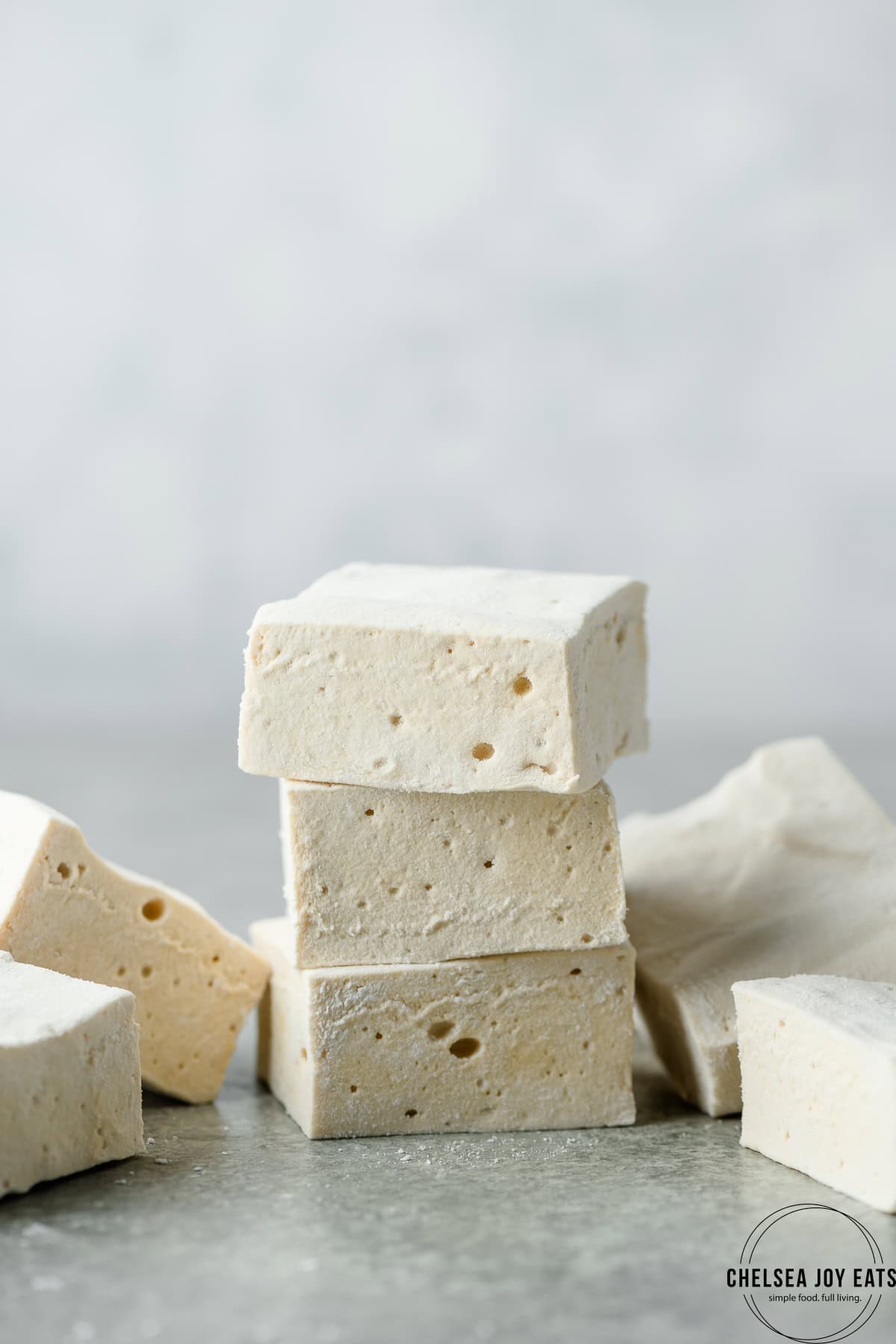 Stack of square-cut homemade marshmallows