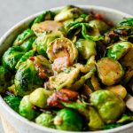 Closeup of Honey Mustard Brussels Sprouts with bacon