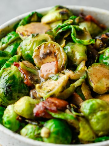 Closeup of Honey Mustard Brussels Sprouts with bacon