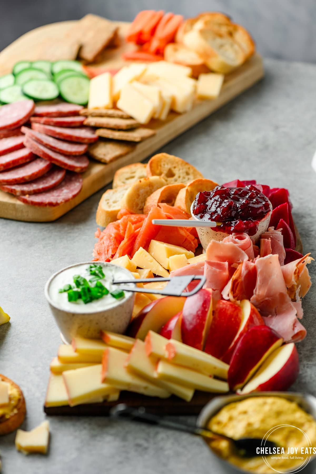 Scandinavian-inspired charcuterie board with sourdough, cheese, lox, meats, and veggies