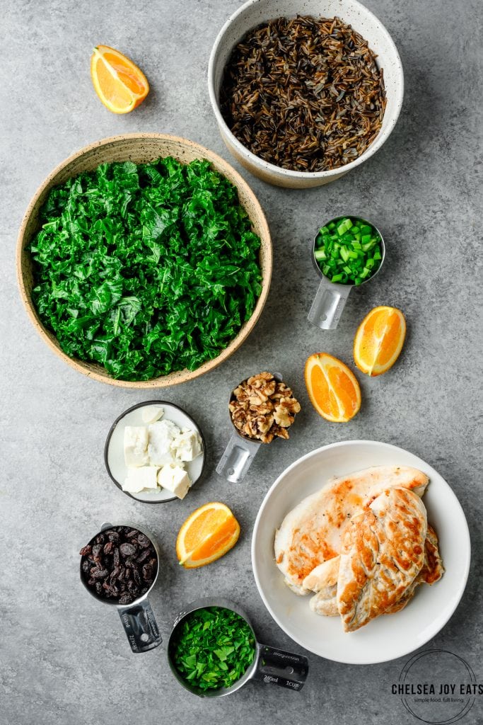 Ingredients for wild rice salad with kale and chicken