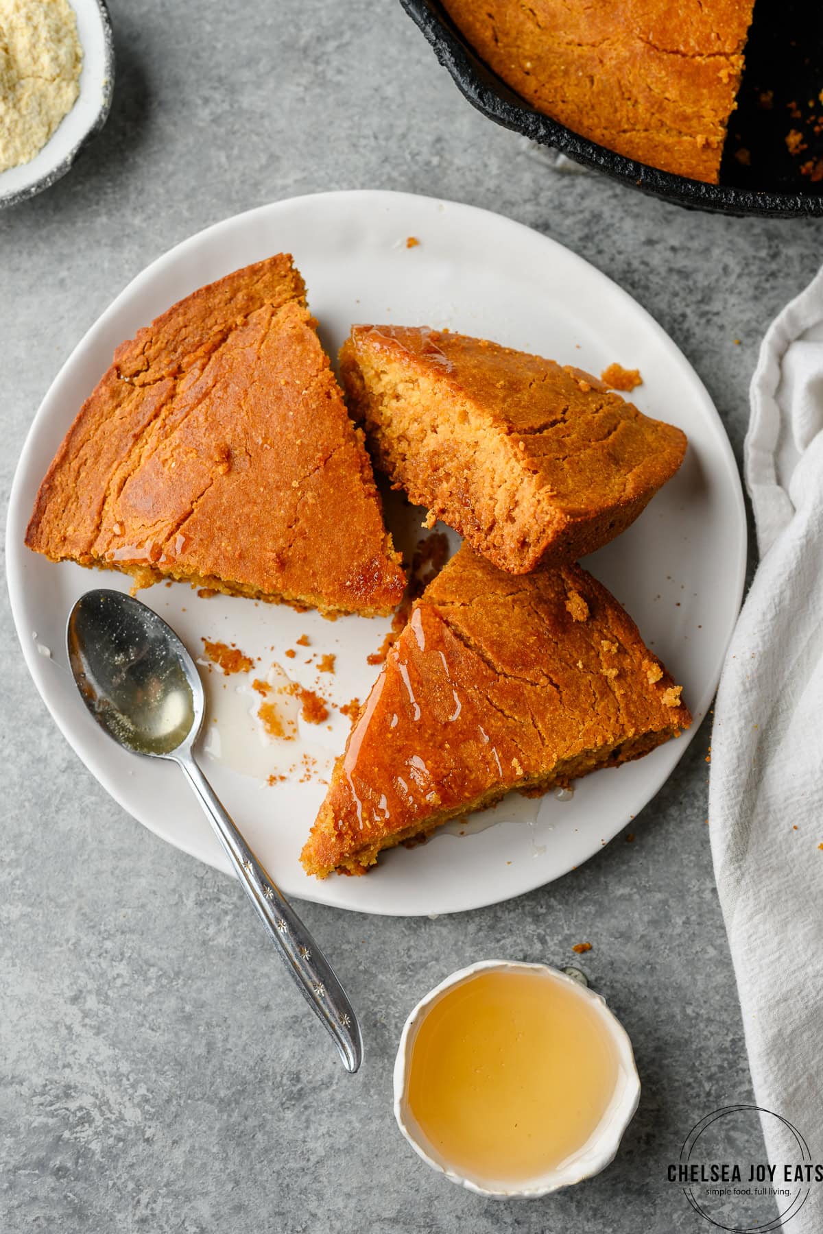 Overhead view of slices of gluten free cornbread on a plate