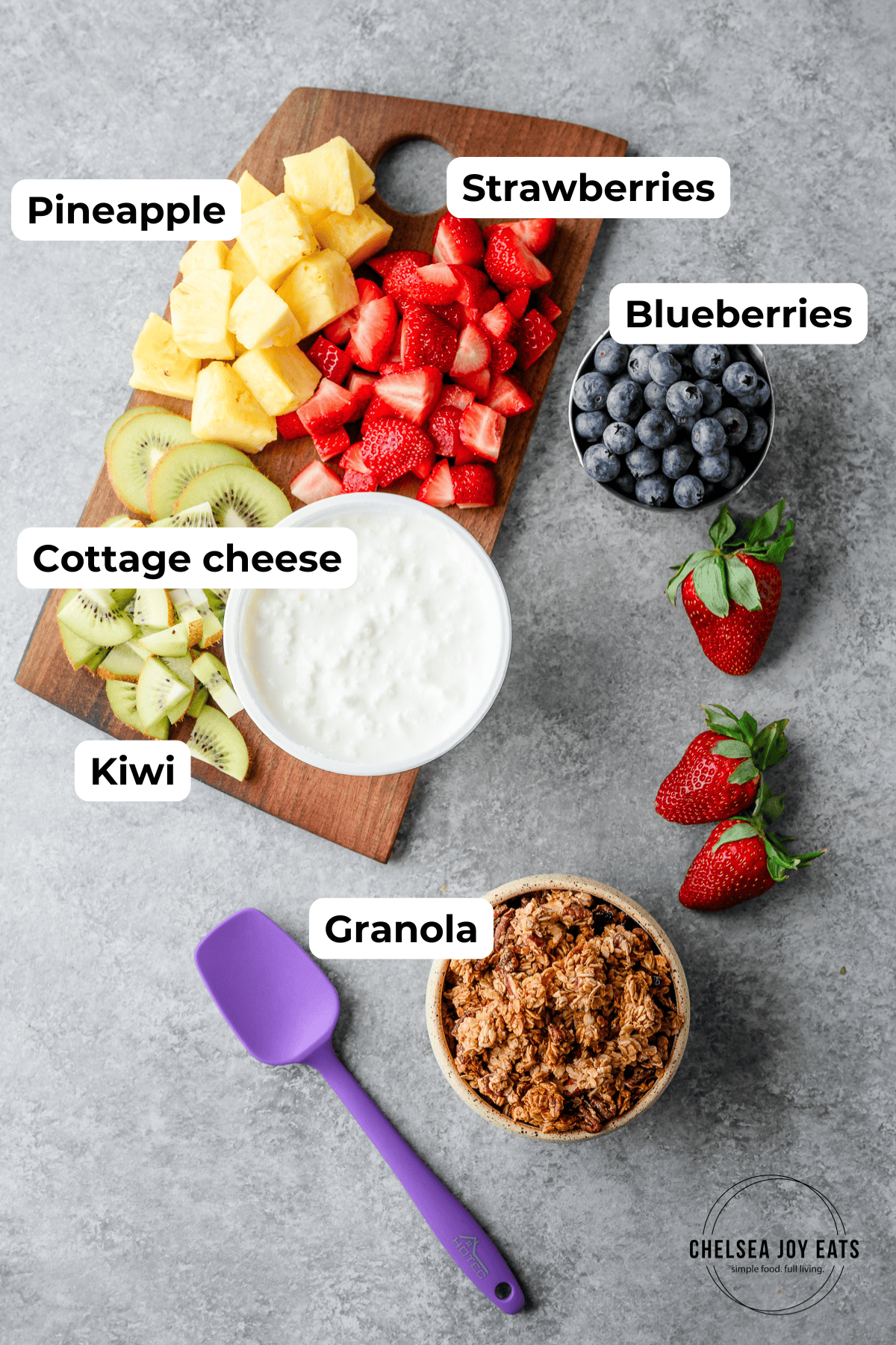 Ingredients for cottage cheese bowls with fruit with text labels