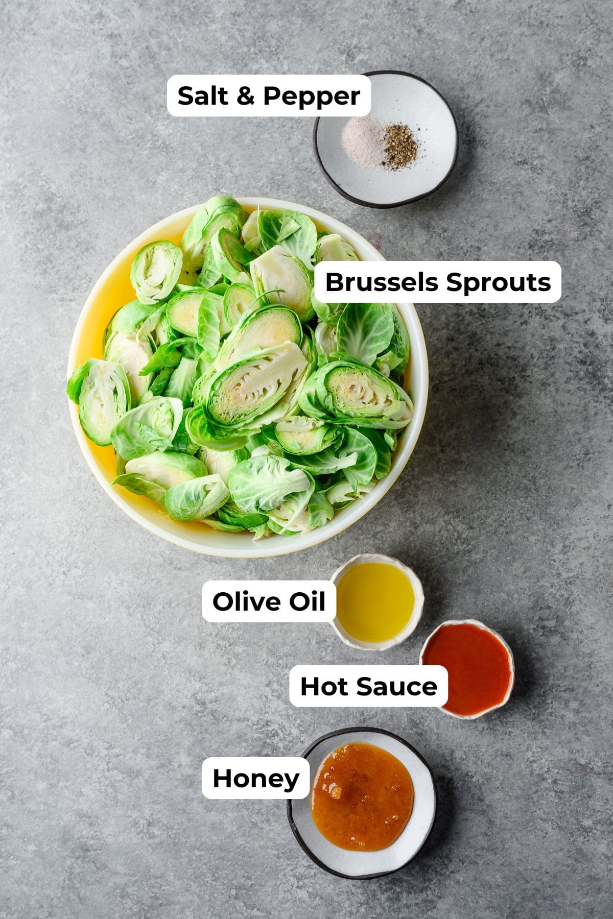 Ingredients for roasted brussels sprouts glazed with hot honey sauce